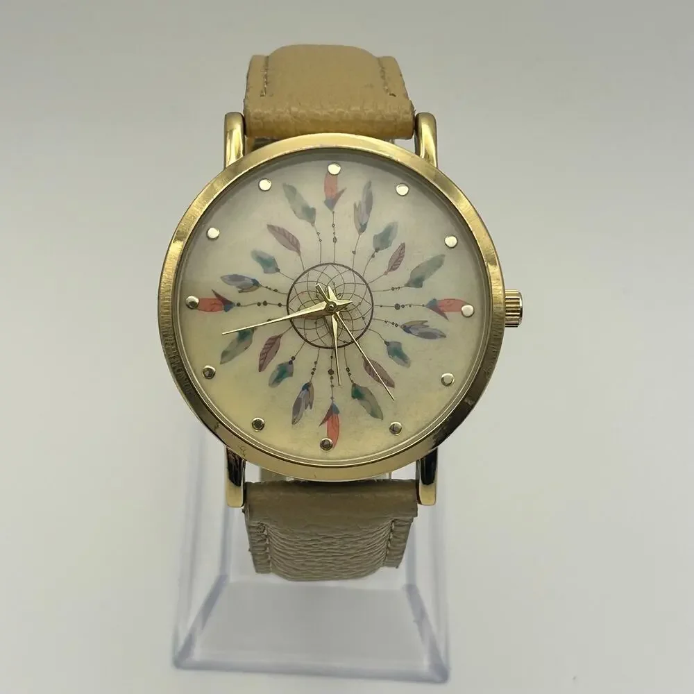 Dream Catcher Dial Gold Cream Leather Women’s Watch Working New Battery